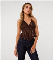 Women's Brown Sequin Halterneck Top Pink Vanilla New Look
