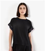 Women's Black Swirly Sequin Chiffon Top Apricot New Look