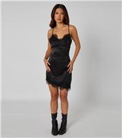 Women's Black Satin Lace Trimmed Mini Dress Urban Bliss New Look