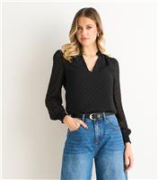 Women's Black Dobby Chiffon Frill Neck Blouse Gini London New Look