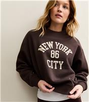 Women's Dark Brown New York Logo Crew Neck Sweatshirt New Look