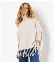Cream Roll Neck Fringe Poncho Apricot New Look