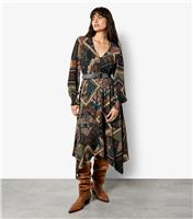 Women's Green Patchwork Hanky Hem Midi Dress Apricot New Look