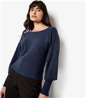 Women's Navy Stud Ribbed Batwing Jumper Apricot New Look