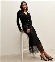 Women's Black Satin Lace Hem Bias Cut Midi Skirt New Look