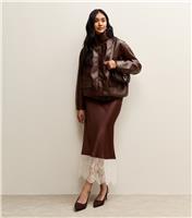 Women's Dark Brown Satin Lace Hem Bias Cut Midi Skirt New Look