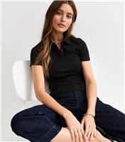 Women's Black Ribbed Short Sleeve Polo Top New Look