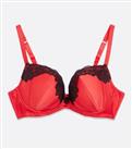 Red Satin Lace Trim Plunge Push Up Bra New Look