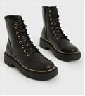 Black Leather-Look Metal Trim Lace Up Chunky Boots New Look Vegan