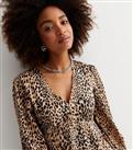 Brown Animal Print V Neck Long Sleeve A Line Mini Dress New Look