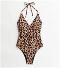 Tall Brown Leopard Print Ring Belted Halter Swimsuit New Look