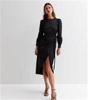 Cameo Rose Black Satin Round Neck Long Sleeve Split Hem Midi Dress New Look