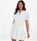 QUIZ White Broderie Puff Sleeve Mini Shirt Dress New Look