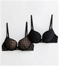 2 Pack Black and Monogram Heart Flocked Push Up Bras New Look