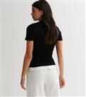 Black Ribbed Polo Top New Look