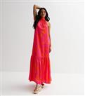 Bright Pink Abstract Satin Halter Tiered Hem Maxi Dress New Look