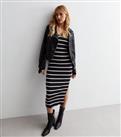 Black Stripe Knit V Neck Midi Dress New Look