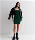 Dark Green Ribbed Ruched Front Bodycon Mini Dress New Look