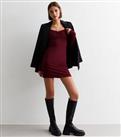 Burgundy Ribbed Ruched Front Bodycon Mini Dress New Look