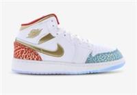 Nike Air Jordan 1 Mid SS Trainers (GS) White Gold Red UK 5.5 EU 38.5.