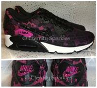 Custom NIKE AIR MAX 90 Crystal Bling Sparkle Trainers Pink, Black Jacquard UK 4