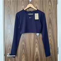 Nike Pro Training Navy Purple Cross Back Dri-Fit Long Sleeve Crop Top L NEW