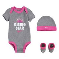 Nike Romper 3 Piece Set Baby Girls Bodysuit Hat Booties Grey Pink Rising Boxed