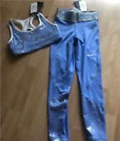 2 PIECE!  NIKE GIRLS SPORTS BRA TIGHTS DANCE PE BLUE SILVER SHIMMER 10-12yrs