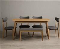 Nordic 150cm Solid Oak Dining Table with 4 Grey Nordic Chairs with 1 Grey Bench