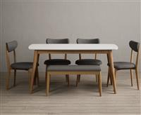 Nordic 150cm Solid Oak and Signal White Painted Dining Table with 4 Grey Nordic Chairs with 2 Grey Benches