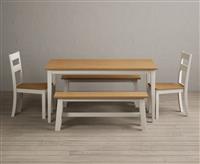 Kendal 150cm Solid Oak and Cream Painted Dining Table with 4 Charcoal Grey Kendal Chairs with 2 Cream Benches