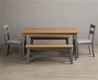 Kendal 150cm Solid Oak and Light Grey Painted Dining Table with 4 Linen Kendal Chairs with 2 Grey Benches