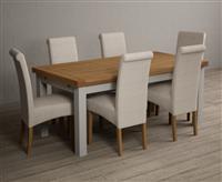 Extending Buxton 180cm Oak and Soft White Painted Dining Table with 6 Blue Scroll Back Chairs