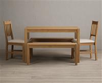 York 120cm Solid Oak Dining Table with 4 Linen York Chairs with 2 Oak Benches