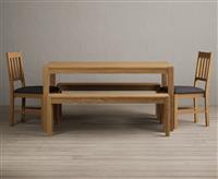 York 150cm Solid Oak Dining Table with 4 Blue York Chairs with 2 Oak Benches