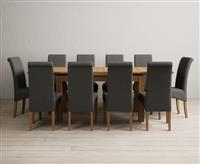 Extending Buxton 140cm Solid Oak Dining Table with 6 Grey Scroll Back Chairs