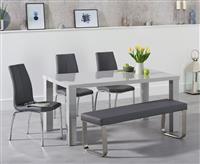 Seattle 160cm Light Grey High Gloss Dining Table with 2 Grey Marco Chairs with 2 Grey Benches