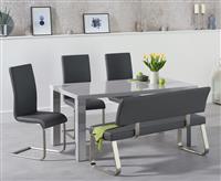 Seattle 160cm Light Grey High Gloss Dining Table with 4 Grey Austin Chairs with 2 Grey Benches