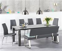 Seattle 200cm Dark Grey High Gloss Dining Table with 6 Grey Marco Chairs with 2 Grey Benches