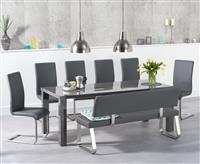 Seattle 200cm Dark Grey High Gloss Dining Table with 2 Grey Austin Chairs with 2 Grey Benches