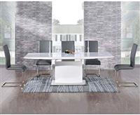 Extending Alessio 160cm White High Gloss Dining Table with 6 Grey Austin Chairs