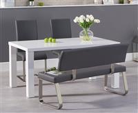 Atlanta 160cm White High Gloss Dining Table With 2 Grey Austin Chairs And 1 Malaga Grey Bench