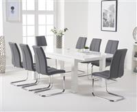 Extending Seattle 160cm White High Gloss Dining Table with 8 Grey Gianni Chairs