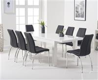 Extending Seattle 160cm White High Gloss Dining Table with 6 White Marco Chairs