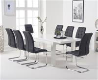 Extending Seattle 160cm White High Gloss Dining Table with 4 Grey Vigo Chairs