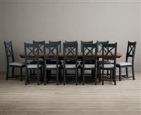 Extending Olympia 180cm Oak and Dark Blue Painted Dining Table with 8 Brown Painted Chairs