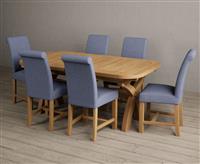 Extending Olympia 180cm Solid Oak Dining Table with 6 Blue Scroll Back Chairs
