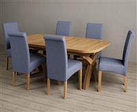 Extending Olympia 180cm Solid Oak Dining Table with 8 Blue Scroll Back Chairs
