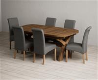 Extending Olympia 180cm Rustic Solid Oak Dining Table with 6 Grey Scroll Back Chairs