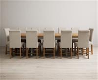 Extending Olympia 180cm Oak and Soft White Painted Dining Table with 12 Blue Scroll Back Chairs